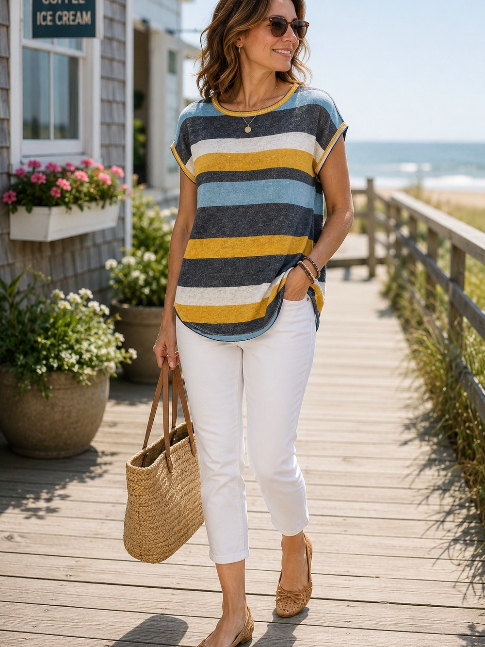 Madeleine‎ Striped Knit Top Blue Yellow White Lightweight Sweater S